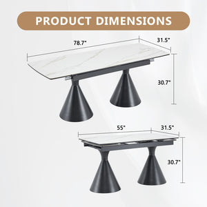 English Elm Extendable Marble Patterned Dining Table Seats Eight with Tapered Walnut Tone Metal Legs Black / White W1151S04900