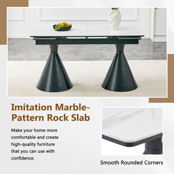 English Elm Extendable Marble Patterned Dining Table Seats Eight with Tapered Walnut Tone Metal Legs Black / White W1151S04900