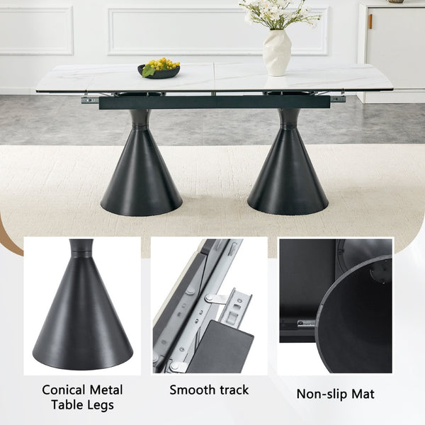 English Elm Extendable Marble Patterned Dining Table Seats Eight with Tapered Walnut Tone Metal Legs Black / White W1151S04900