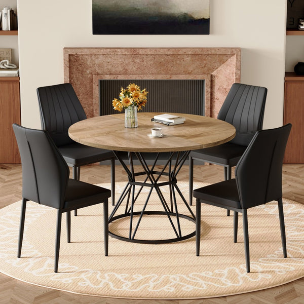 English Elm Table and Chair Set Round Marble Top with Four Pu Shell Back Seats for Dining Black+Wood W1151S04901