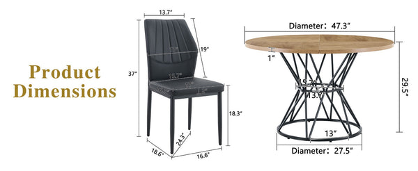 English Elm Table and Chair Set Round Marble Top with Four Pu Shell Back Seats for Dining Black+Wood W1151S04901