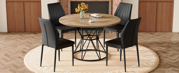 English Elm Table and Chair Set Round Marble Top with Four Pu Shell Back Seats for Dining Black+Wood W1151S04901