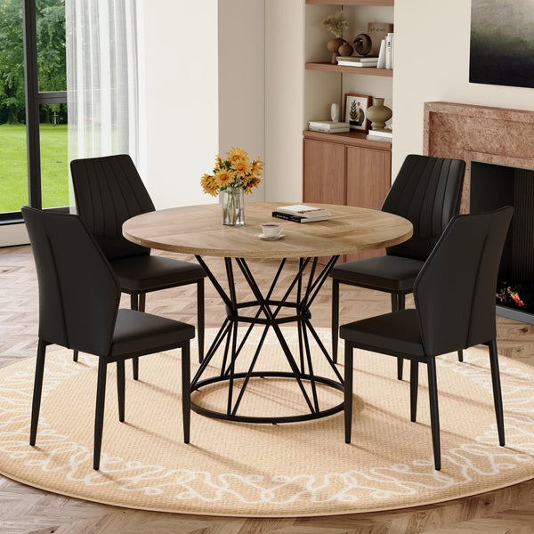 English Elm Table and Chair Set Round Marble Top with Four Pu Shell Back Seats for Dining Black+Wood W1151S04901