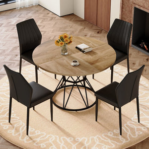English Elm Table and Chair Set Round Marble Top with Four Pu Shell Back Seats for Dining Black+Wood W1151S04901