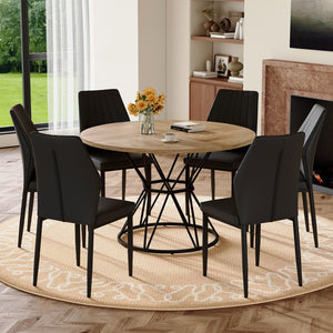 English Elm Table and Chair Set Round Marble Mdf Top with Six Pu Dining Chairs Modern Industrial Black+Wood W1151S04902