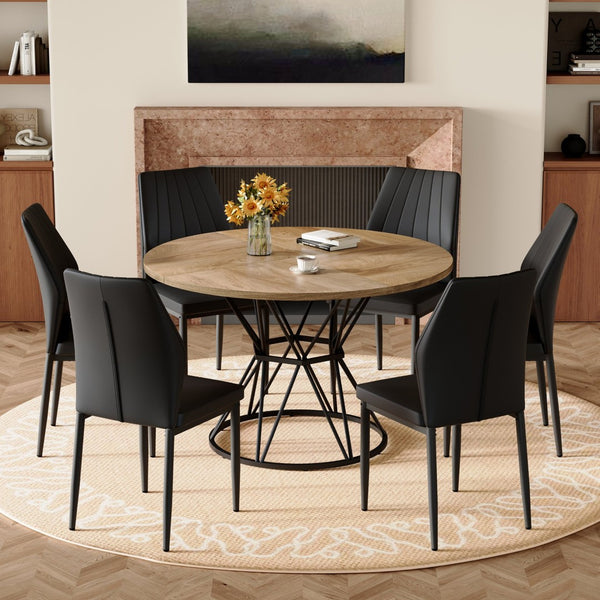 English Elm Table and Chair Set Round Marble Mdf Top with Six Pu Dining Chairs Modern Industrial Black+Wood W1151S04902