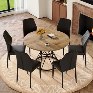 English Elm Table and Chair Set Round Marble Mdf Top with Six Pu Dining Chairs Modern Industrial Black+Wood W1151S04902