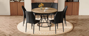 English Elm Table and Chair Set Round Marble Mdf Top with Six Pu Dining Chairs Modern Industrial Black+Wood W1151S04902