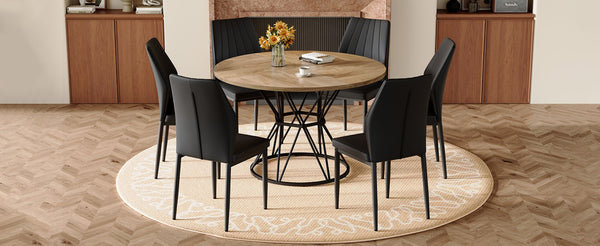 English Elm Table and Chair Set Round Marble Mdf Top with Six Pu Dining Chairs Modern Industrial Black+Wood W1151S04902