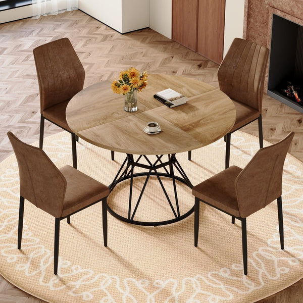 English Elm Table and Chair Set Round Marble Top Matte Metal Base Industrial Dining for Four Brown, Wood W1151S04905