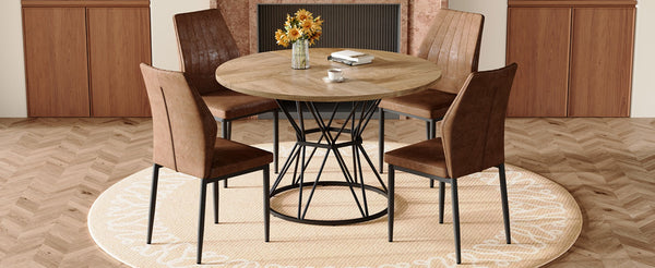 English Elm Table and Chair Set Round Marble Top Matte Metal Base Industrial Dining for Four Brown, Wood W1151S04905