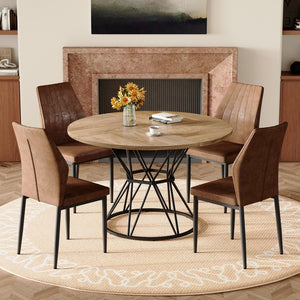 English Elm Table and Chair Set Round Marble Top Matte Metal Base Industrial Dining for Four Brown, Wood W1151S04905