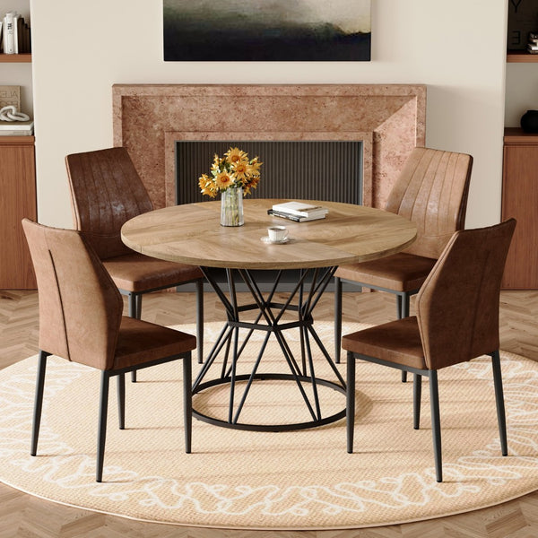 English Elm Table and Chair Set Round Marble Top Matte Metal Base Industrial Dining for Four Brown, Wood W1151S04905