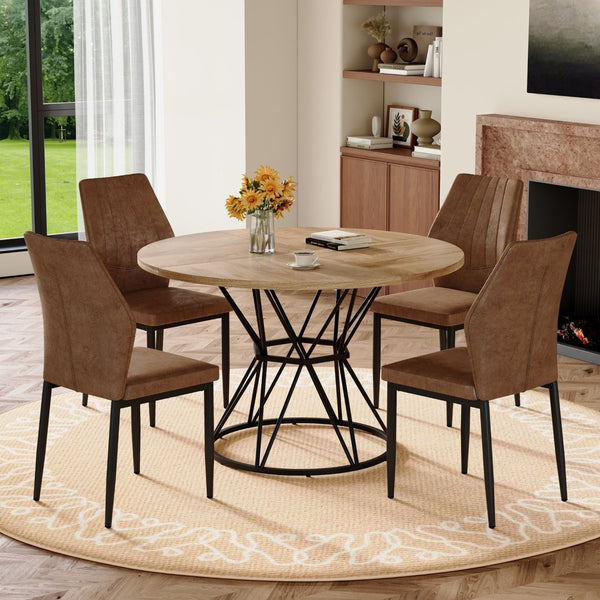 English Elm Table and Chair Set Round Marble Top Matte Metal Base Industrial Dining for Four Brown, Wood W1151S04905
