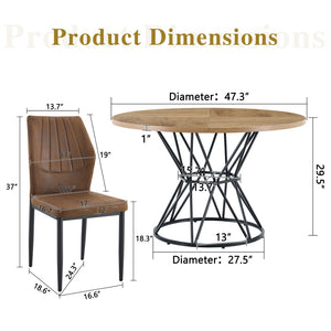 English Elm Table and Chair Set Round Marble Top Matte Metal Base Industrial Dining for Four Brown, Wood W1151S04905