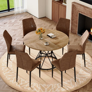 English Elm Table and Chair Set Walnut Grain Mdf Dining with Six Upholstered Fabric Seats Brown, Wood W1151S04906