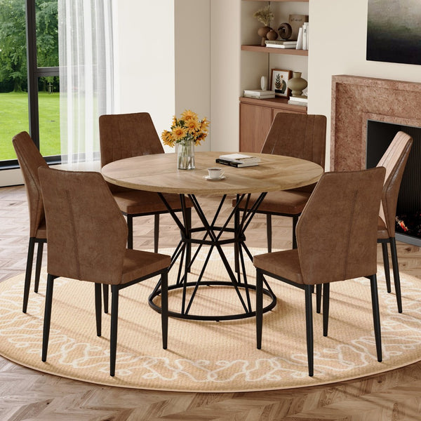 English Elm Table and Chair Set Walnut Grain Mdf Dining with Six Upholstered Fabric Seats Brown, Wood W1151S04906