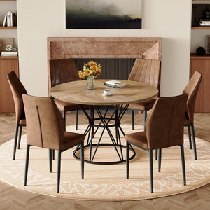 English Elm Table and Chair Set Walnut Grain Mdf Dining with Six Upholstered Fabric Seats Brown, Wood W1151S04906