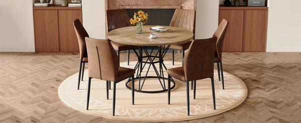English Elm Table and Chair Set Walnut Grain Mdf Dining with Six Upholstered Fabric Seats Brown, Wood W1151S04906