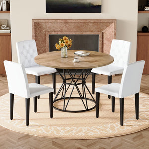 English Elm Table and Chair Set Round Marble Mdf Top with Four Pu Leather Seats Modern Dining Wood White W1151S04907