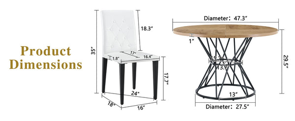 English Elm Table and Chair Set Round Marble Mdf Top with Four Pu Leather Seats Modern Dining Wood White W1151S04907