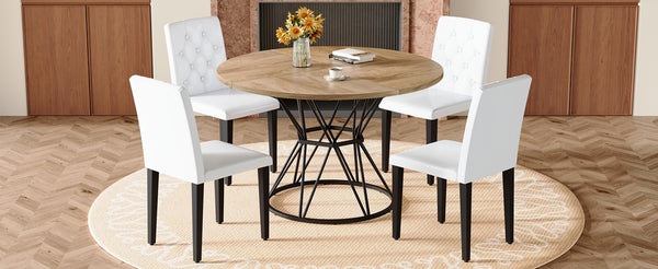 English Elm Table and Chair Set Round Marble Mdf Top with Four Pu Leather Seats Modern Dining Wood White W1151S04907