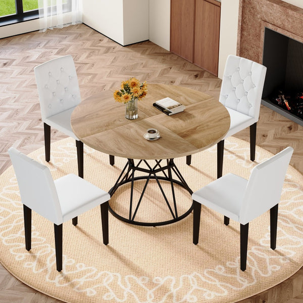 English Elm Table and Chair Set Round Marble Mdf Top with Four Pu Leather Seats Modern Dining Wood White W1151S04907