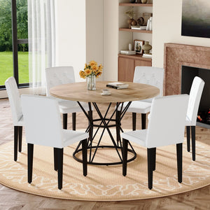English Elm Table and Chair Set Six Person Round Marble Mdf Dining with Buckle Pu Seats Wood White Standard W1151S04908