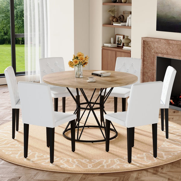 English Elm Table and Chair Set Six Person Round Marble Mdf Dining with Buckle Pu Seats Wood White Standard W1151S04908