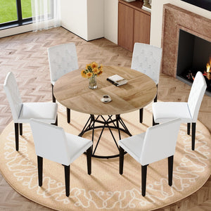 English Elm Table and Chair Set Six Person Round Marble Mdf Dining with Buckle Pu Seats Wood White Standard W1151S04908