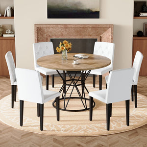 English Elm Table and Chair Set Six Person Round Marble Mdf Dining with Buckle Pu Seats Wood White Standard W1151S04908