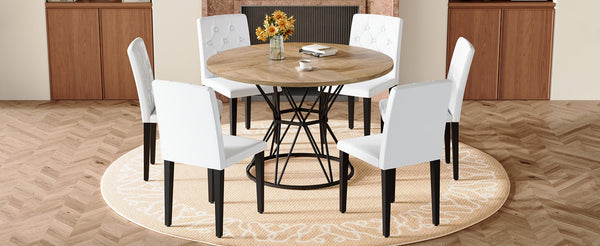 English Elm Table and Chair Set Six Person Round Marble Mdf Dining with Buckle Pu Seats Wood White Standard W1151S04908