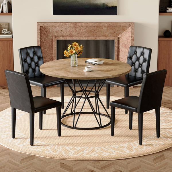English Elm Table and Chair Set Round Marble Mdf Top with Four Pu Leather Seats Modern Dining Wood Black - A W1151S04909