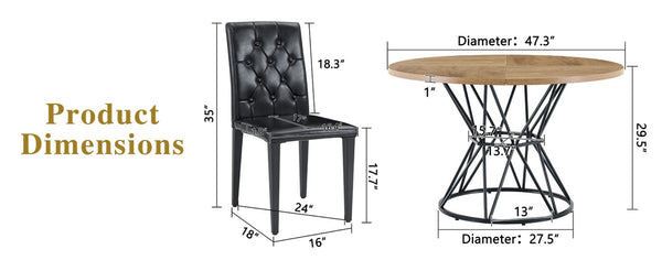 English Elm Table and Chair Set Round Marble Mdf Top with Four Pu Leather Seats Modern Dining Wood Black - A W1151S04909