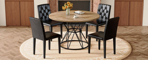 English Elm Table and Chair Set Round Marble Mdf Top with Four Pu Leather Seats Modern Dining Wood Black - A W1151S04909