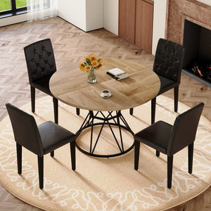 English Elm Table and Chair Set Round Marble Mdf Top with Four Pu Leather Seats Modern Dining Wood Black - A W1151S04909