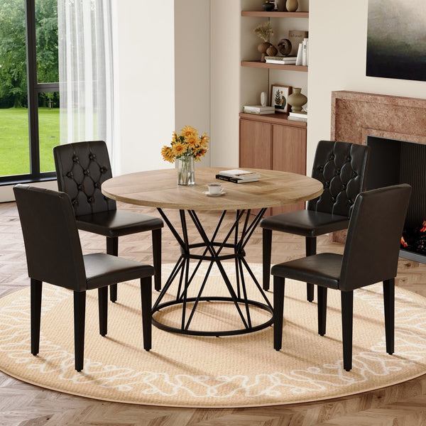 English Elm Table and Chair Set Round Marble Mdf Top with Four Pu Leather Seats Modern Dining Wood Black - A W1151S04909