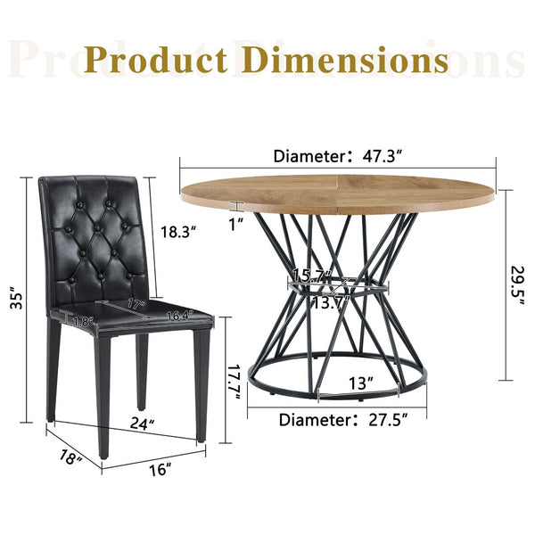 English Elm Table and Chair Set Round Marble Mdf Top with Four Pu Leather Seats Modern Dining Wood Black - A W1151S04909