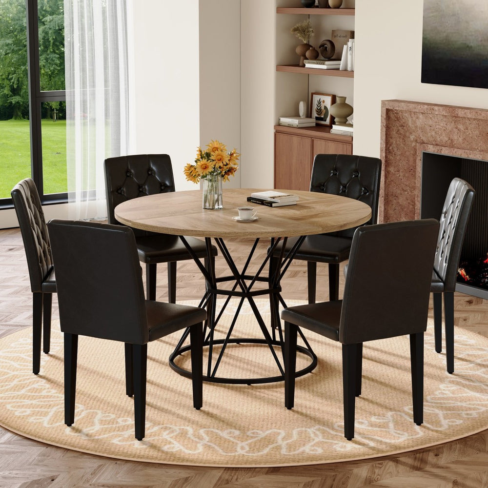 English Elm Table and Chair Set Six Person Round Marble Mdf Dining with Buckle Pu Seats Wood Black Standard W1151S04910