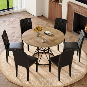 English Elm Table and Chair Set Six Person Round Marble Mdf Dining with Buckle Pu Seats Wood Black Standard W1151S04910