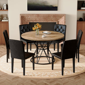 English Elm Table and Chair Set Six Person Round Marble Mdf Dining with Buckle Pu Seats Wood Black Standard W1151S04910