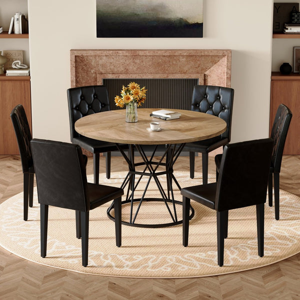 English Elm Table and Chair Set Six Person Round Marble Mdf Dining with Buckle Pu Seats Wood Black Standard W1151S04910