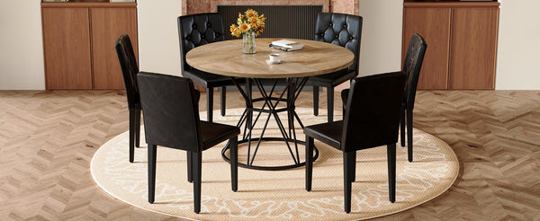 English Elm Table and Chair Set Six Person Round Marble Mdf Dining with Buckle Pu Seats Wood Black Standard W1151S04910