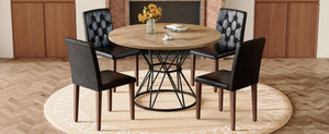 English Elm Table and Chair Set Round Marble Mdf Top with Four Pu Leather Seats Modern Dining Wood Black - B W1151S04911