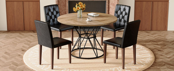 English Elm Table and Chair Set Round Marble Mdf Top with Four Pu Leather Seats Modern Dining Wood Black - B W1151S04911