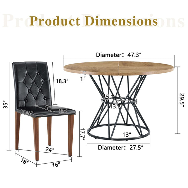 English Elm Table and Chair Set Round Marble Mdf Top with Four Pu Leather Seats Modern Dining Wood Black - B W1151S04911