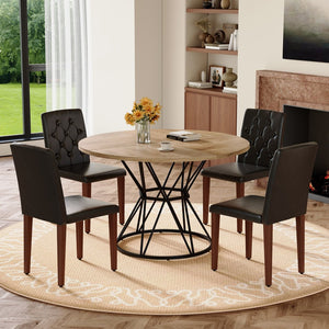 English Elm Table and Chair Set Round Marble Mdf Top with Four Pu Leather Seats Modern Dining Wood Black - B W1151S04911