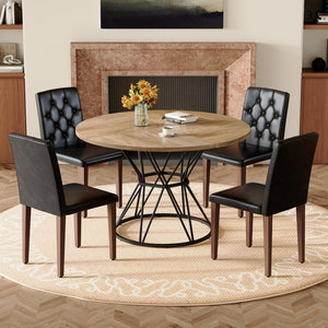 English Elm Table and Chair Set Round Marble Mdf Top with Four Pu Leather Seats Modern Dining Wood Black - B W1151S04911