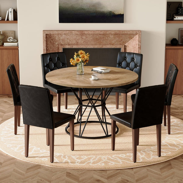 English Elm Table and Chair Set Six Person Round Marble Mdf Dining with Buckle Pu Seats Wood Black Walnut W1151S04912