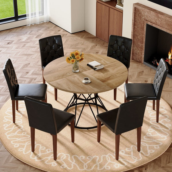 English Elm Table and Chair Set Six Person Round Marble Mdf Dining with Buckle Pu Seats Wood Black Walnut W1151S04912